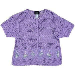 Vintage Crochet Cardigan Sweater Women 8 Purple Lavender Garden Whimsical Floral